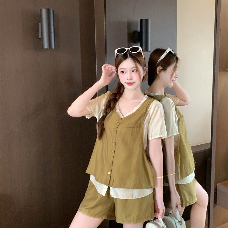 包邮包邮时尚套装女2026夏季新款洋气显瘦轻薄拼接马甲阔腿短裤两