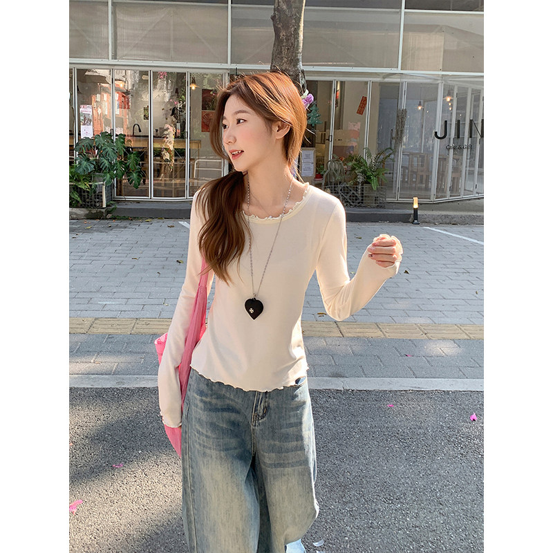 包邮木耳边纯色长袖t恤女春装新款修身显瘦短款内搭打底上衣