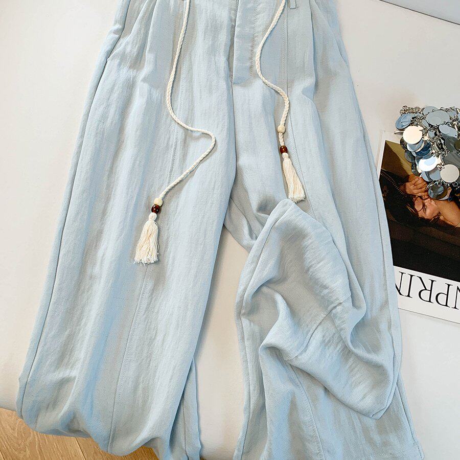 包邮包邮天丝亚麻西装裤女夏薄款冰丝棉麻阔腿裤梨形身材宽松垂感