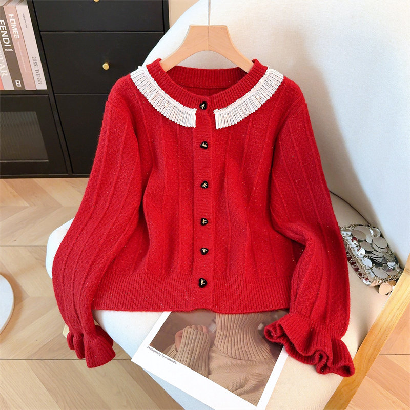 包邮包邮温柔风花边领毛衣外套女新款设计感显瘦针织开衫大码2026