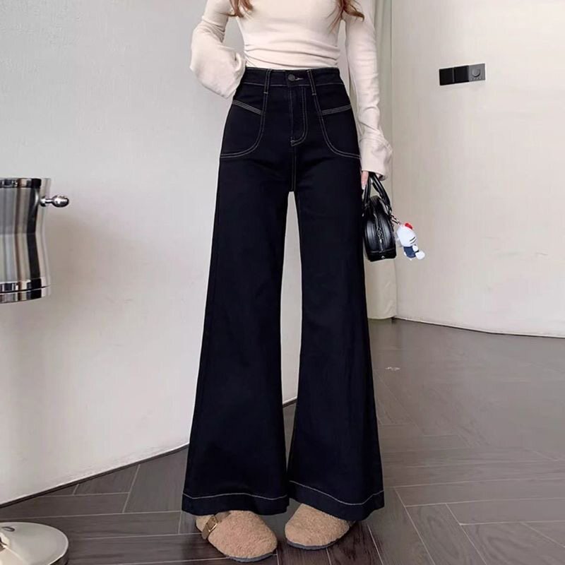 包邮包邮韩系2026秋季微喇叭牛仔裤女梨形身材宽松高腰显瘦直筒阔