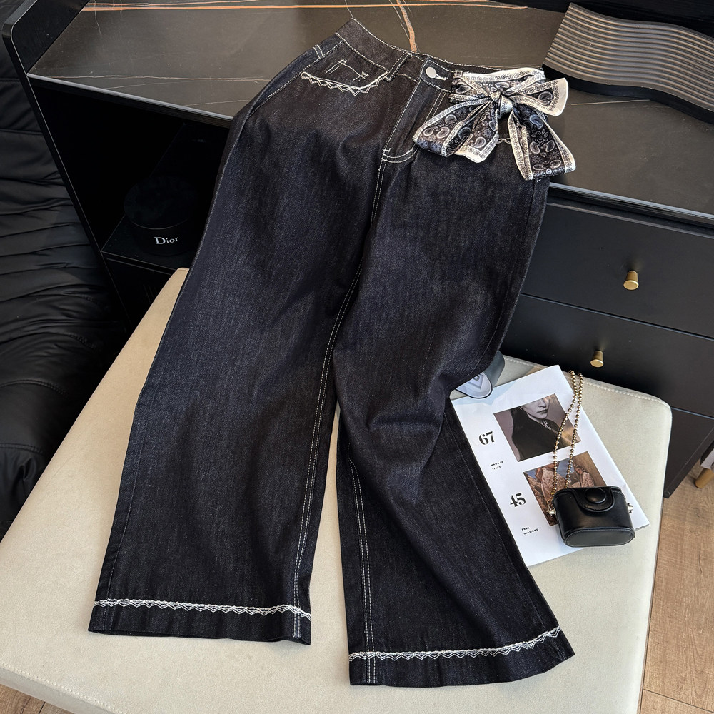 包邮2026丝巾蝴蝶结复古刺绣牛仔裤女高腰直筒宽松显瘦阔腿长裤子