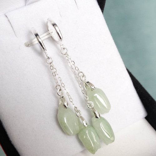 新款天然翡翠纯银玉兰花耳圈