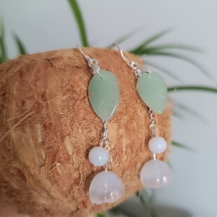 清新淡雅文艺风浅玉叶白铃兰玉耳坠925纯银玉耳坠仙韵东陵玉耳线