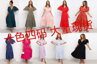 2021欧美v领亚马逊爆款纯色短袖长裙连衣裙大摆型11色4码波西米亚