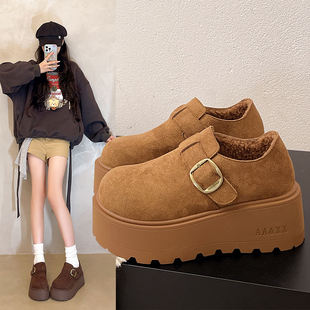 厚底加绒勃肯鞋女2025秋冬新款复古一脚蹬乐福鞋增高两穿博肯棉鞋