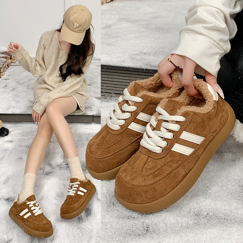 加绒德训鞋女毛毛保暖棉鞋女厚底
