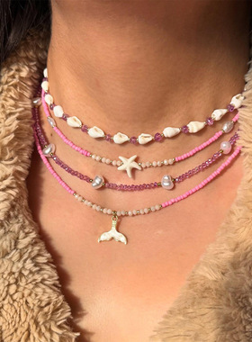 海洋风 多巴胺芭比粉贝壳串珠多层项链配饰套装度假风颈链