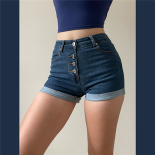 可劈叉美式复古四粒扣高腰翻边弹力爵士牛仔短裤修身显瘦包臀热裤
