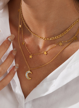 月亮女神 复古度假风多层镀金色项链女梦幻星星钛钢项链吊坠配饰