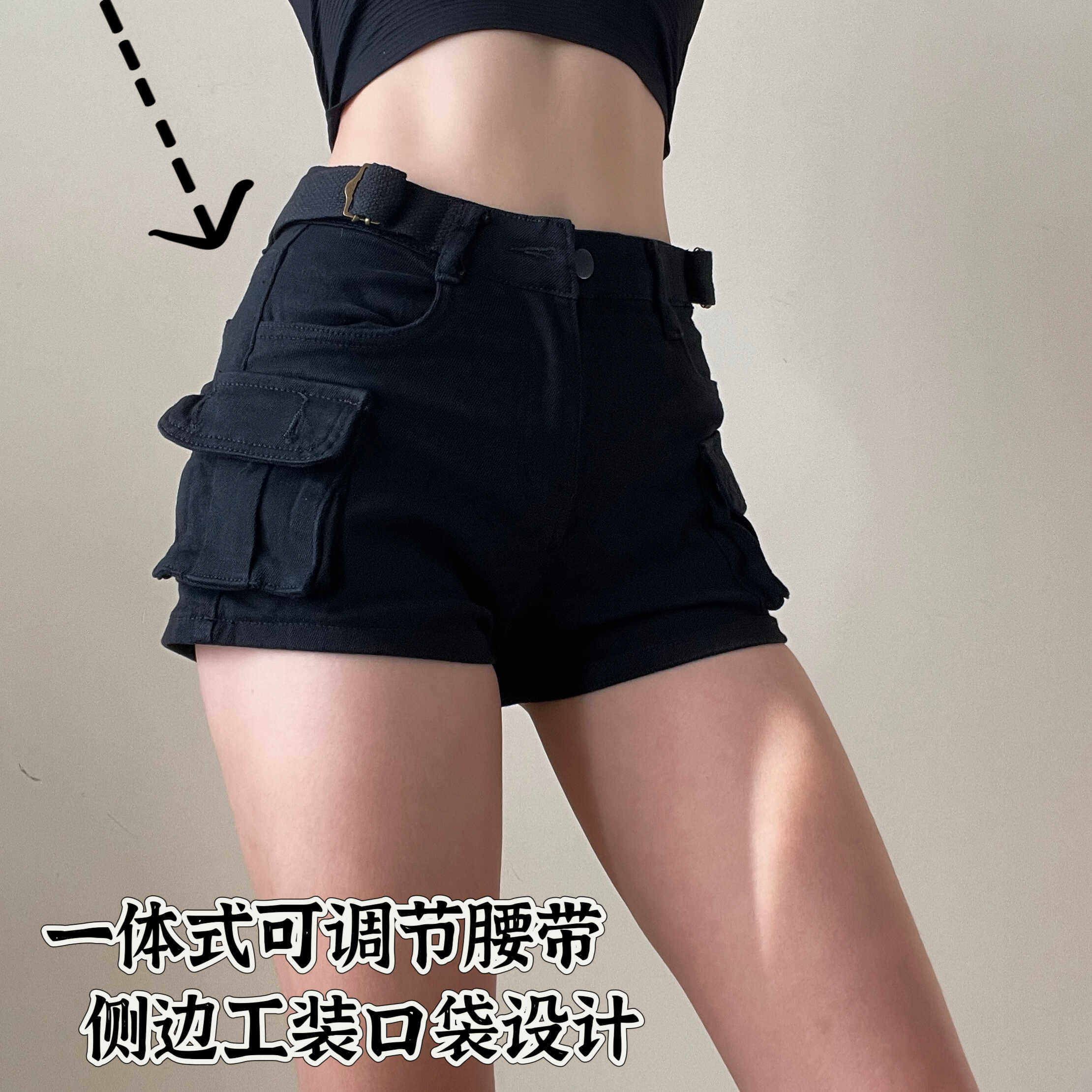 百搭好穿！欧美复古高腰工装大口袋牛仔短裤女夏季显瘦小个子热裤