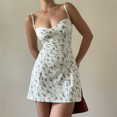 复古油画碎花裙吊带连衣裙