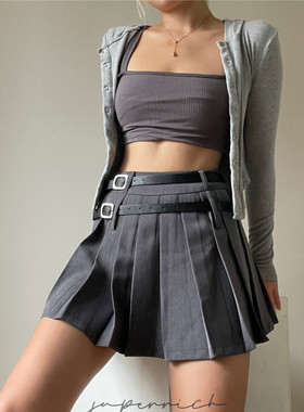 SUP欧美ins辣妹高腰显腿长防走光百褶裙学院风西装裙大码短裙伞裙