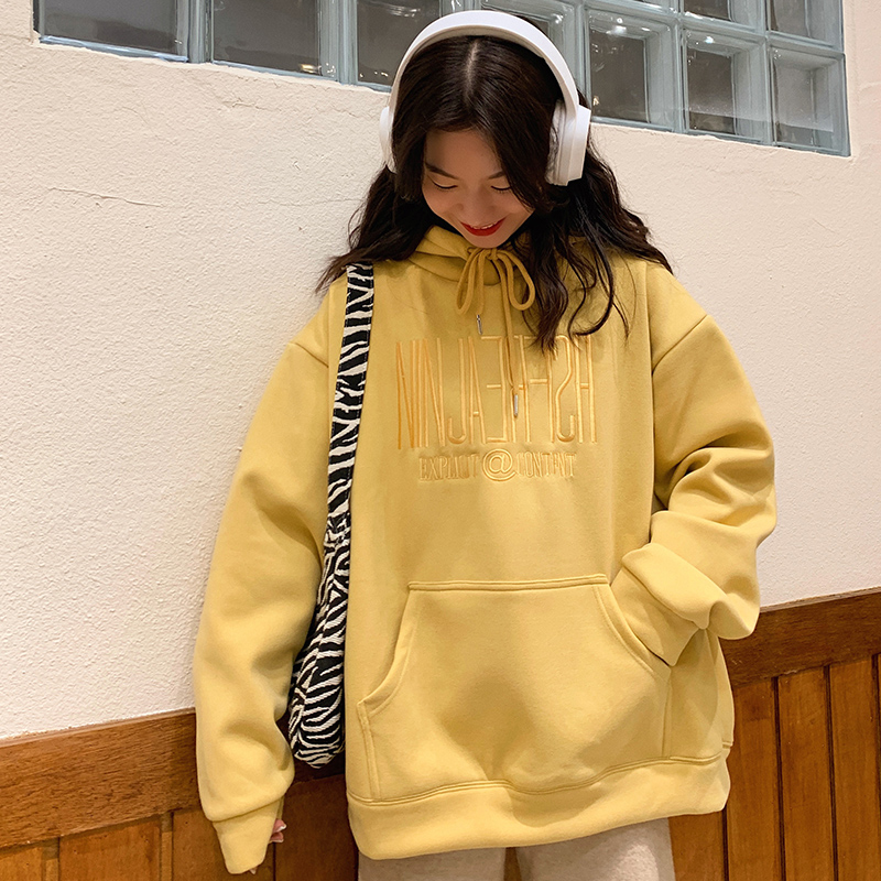 Real shooting new spring and autumn hooded letter embroidered sweater women's Korean loose top versatile coat