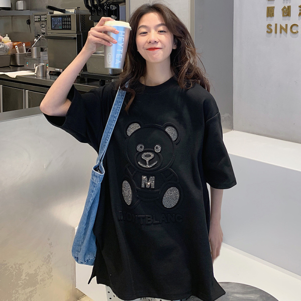 實拍新款恤女原宿重工燙鑽中長款寬鬆純棉立體小熊短袖潮