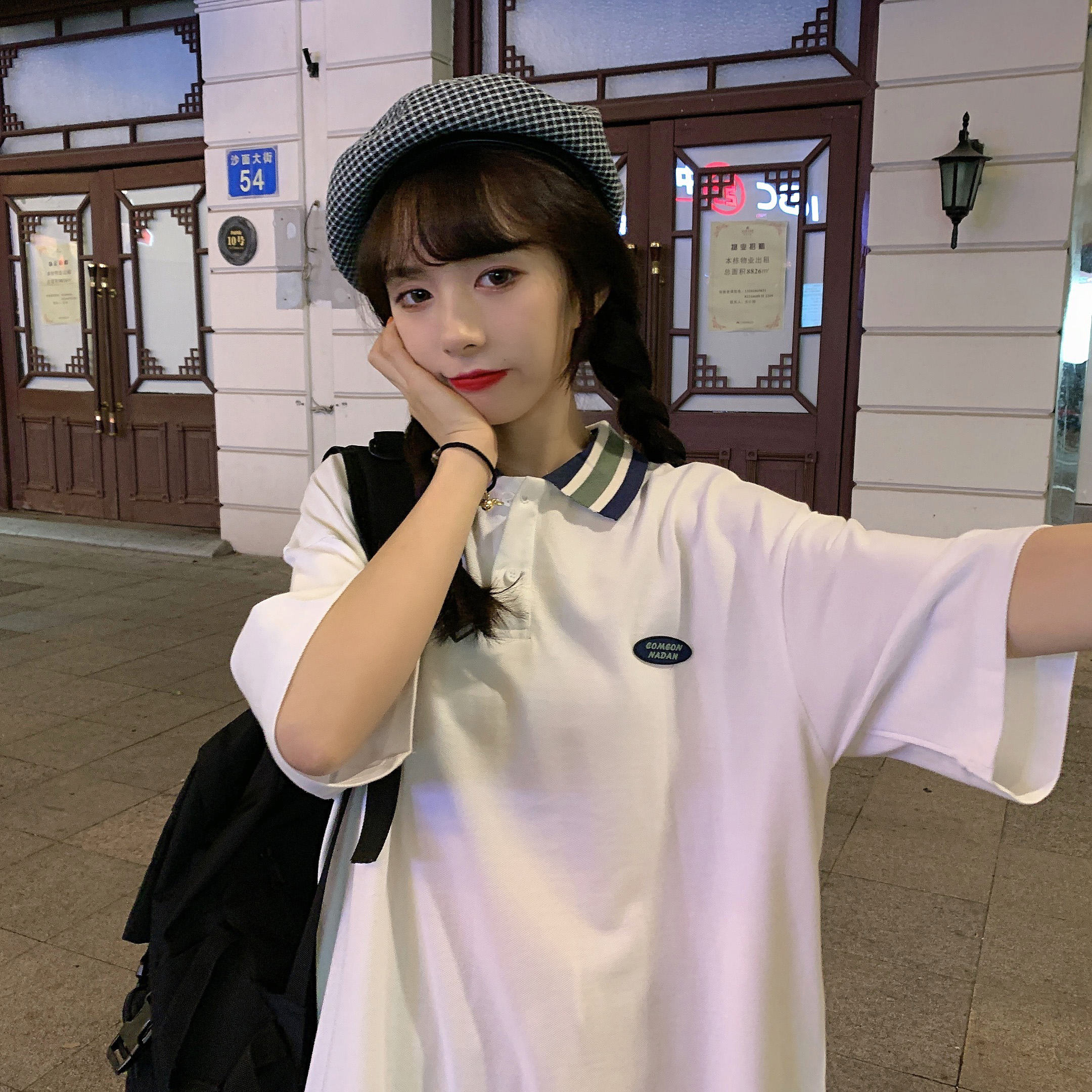 Real shooting of summer new short sleeve T-shirt with lapel and women's patchwork collar loose casual top half sleeve polo shirt fashion in Hong Kong