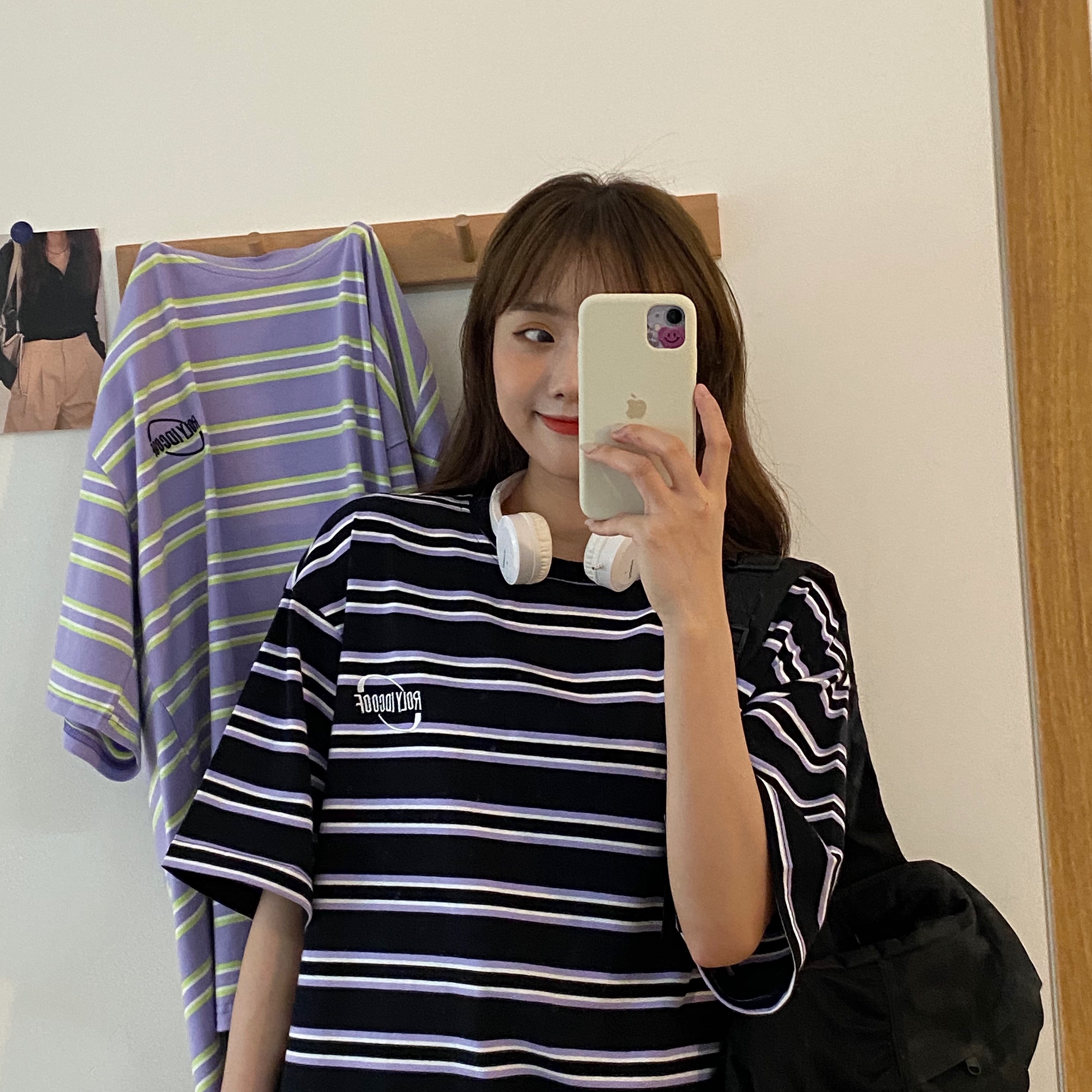 Real shot Korean striped short sleeve T-shirt women's Hong Kong style retro loose and versatile embroidered student's round neck