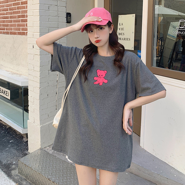 Real shot 2021 spring and summer new Korean loose and versatile front and back bear print short sleeve T-shirt girl student top