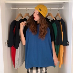 Real shot summer Korean version new Harajuku style loose mid long fashion splicing short sleeve t-shirt female student