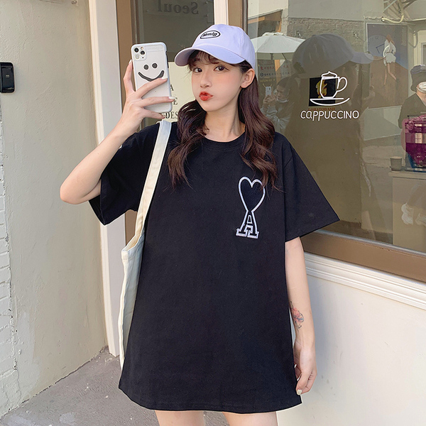 Real shot 2021 spring and summer new Hong Kong style love embroidery letter T-shirt women loose and thin round neck short sleeve top fashion