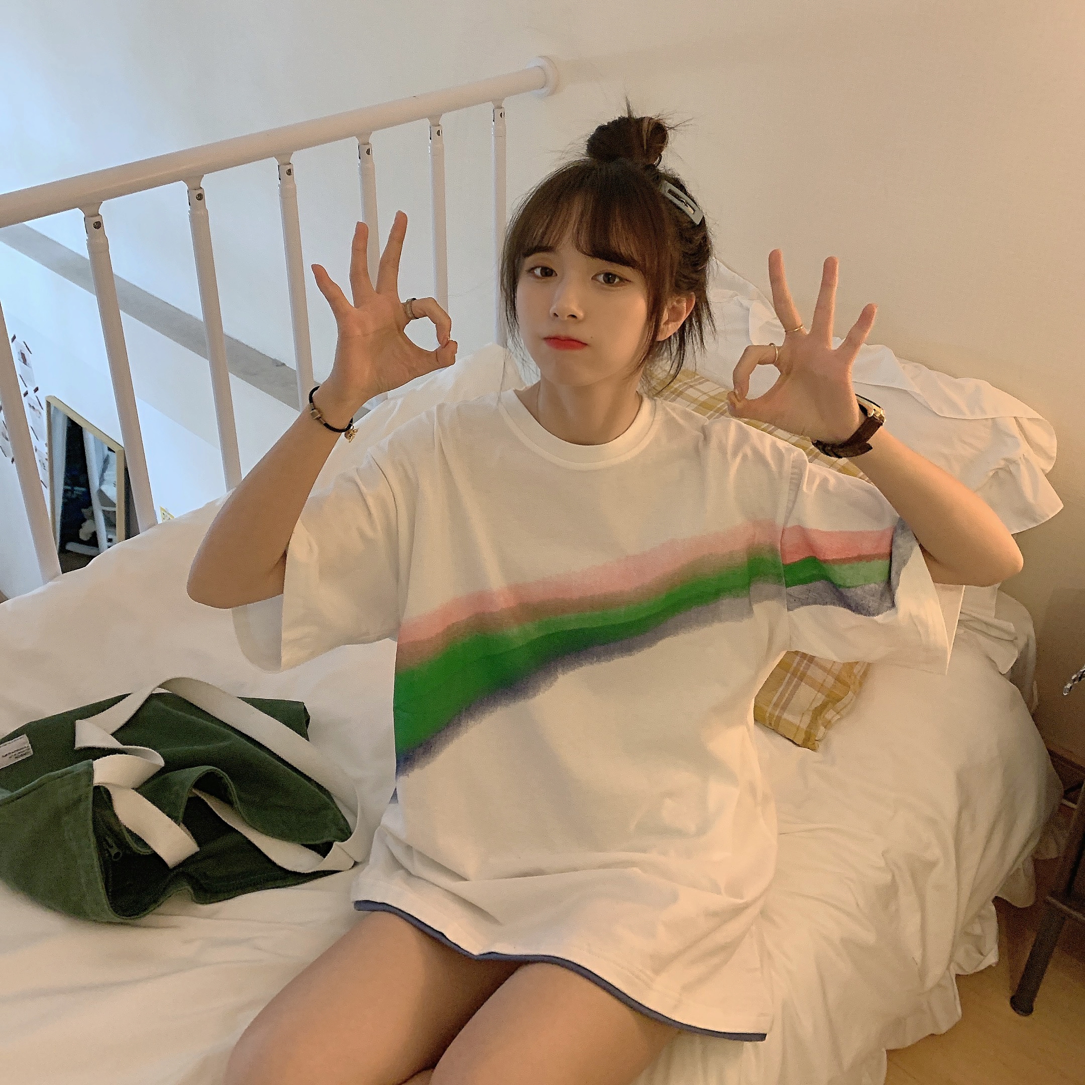 Real shooting rainbow Japanese style short sleeve t-shirt female loose Korean version fashion ins Harajuku fashion brand half sleeve super fire top