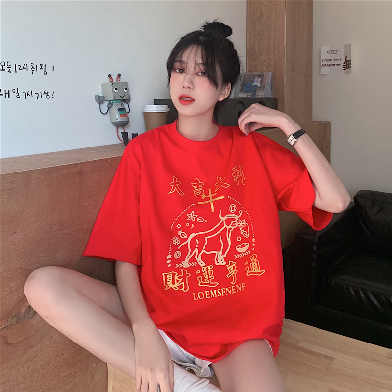 Real shot 2021 spring and summer new short sleeve T-shirt Korean women's large print medium and long versatile top