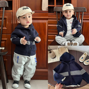 婴儿连帽开衫儿童秋冬新款条纹针织衫男女童加厚毛衣冬款打底外套