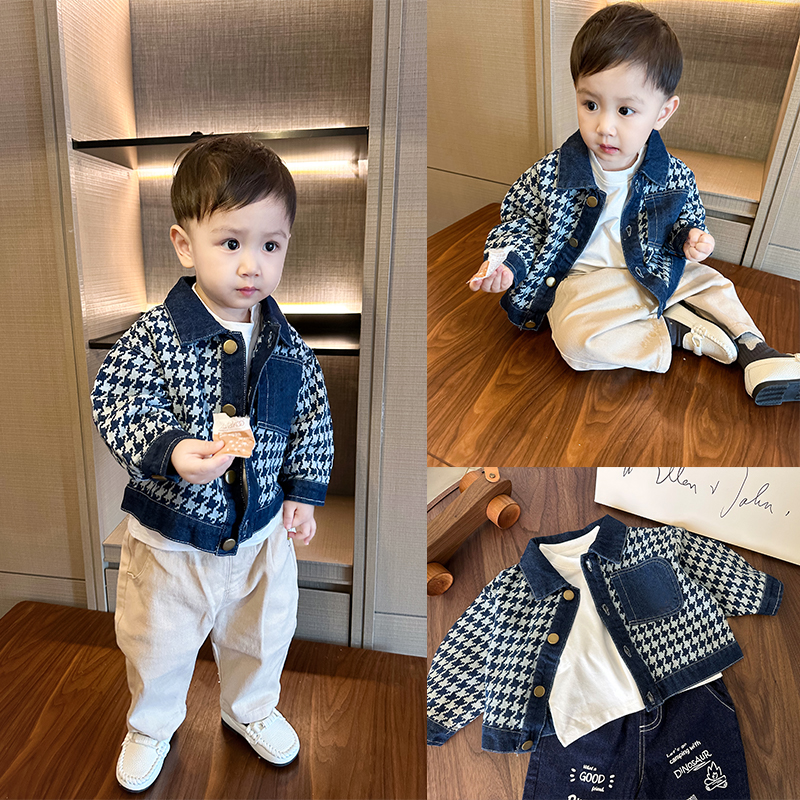 儿童牛仔衣外套春秋季新款宝宝千鸟格子休闲上衣男女宝宝秋季夹克