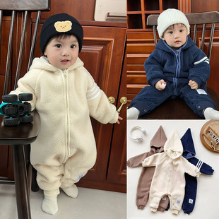 男女宝宝冬季加绒爬服婴幼儿童外出连体衣婴儿冬天加厚衣服棉衣潮