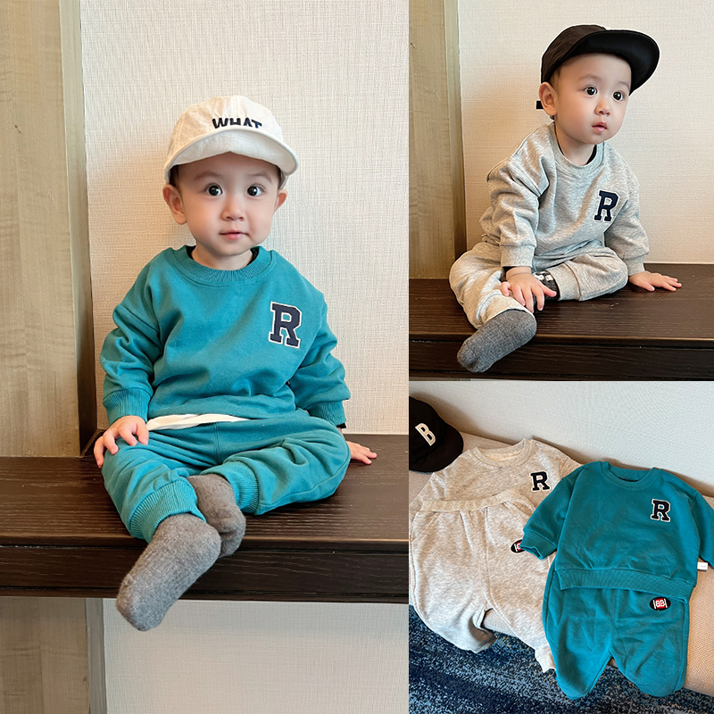 儿童运动套装春秋新款男童圆领卫衣刺绣字母上衣男女宝宝韩版衣服