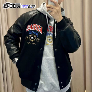 Adidas三叶草情侣款 印花棒球服夹克拼接保暖运动棉服IW3450 时尚