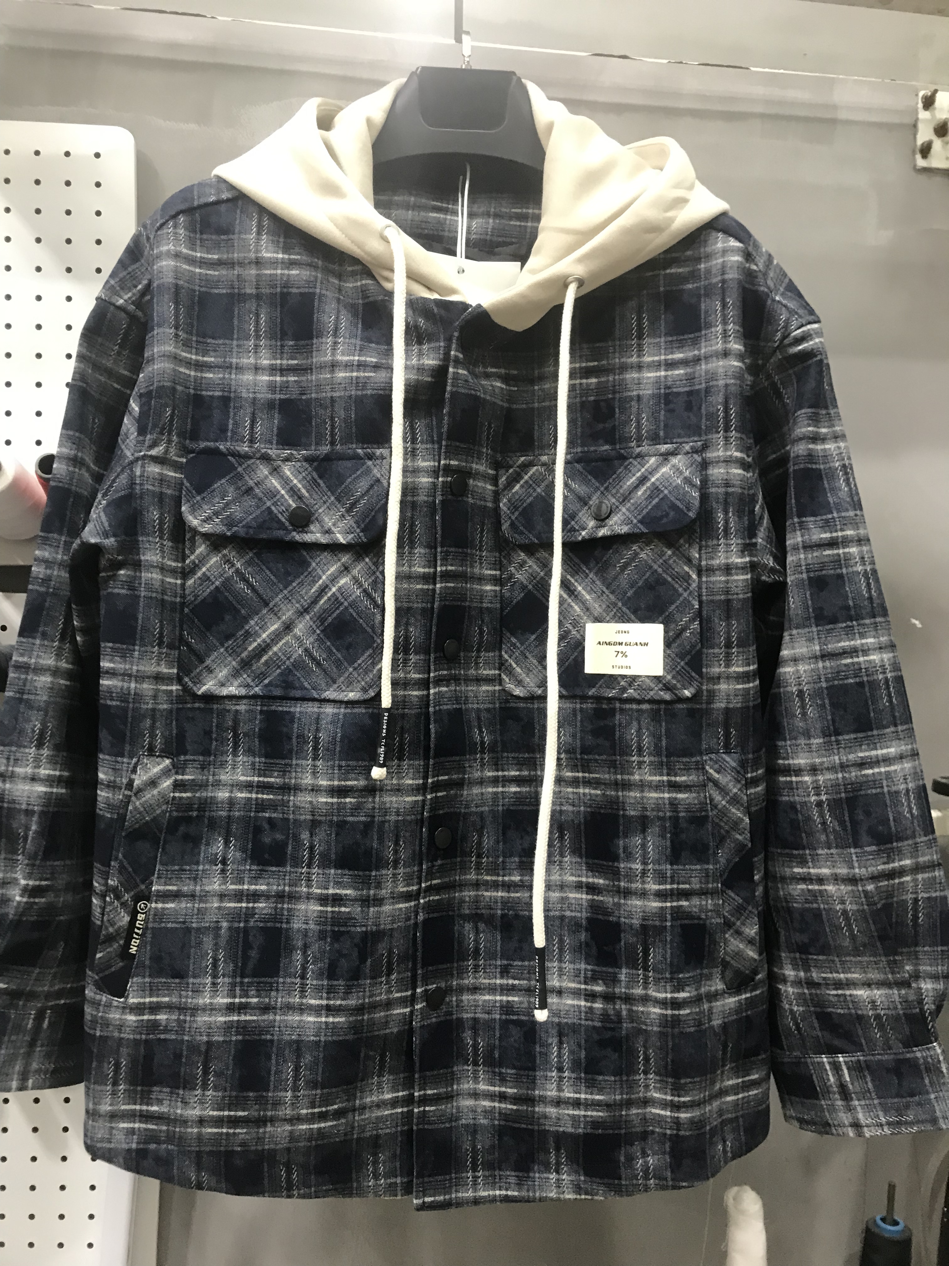 美式复古格子潮牌印染假两件连帽羽绒服时尚宽松加厚保暖男外套