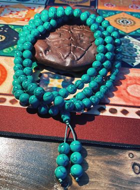 藏式民族风绿松石佛珠108颗手串男女款优化绿松石多圈手链项链