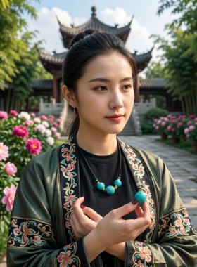 原创优化绿松石项链女小众设计感情侣网花松石锁骨链新中式国风