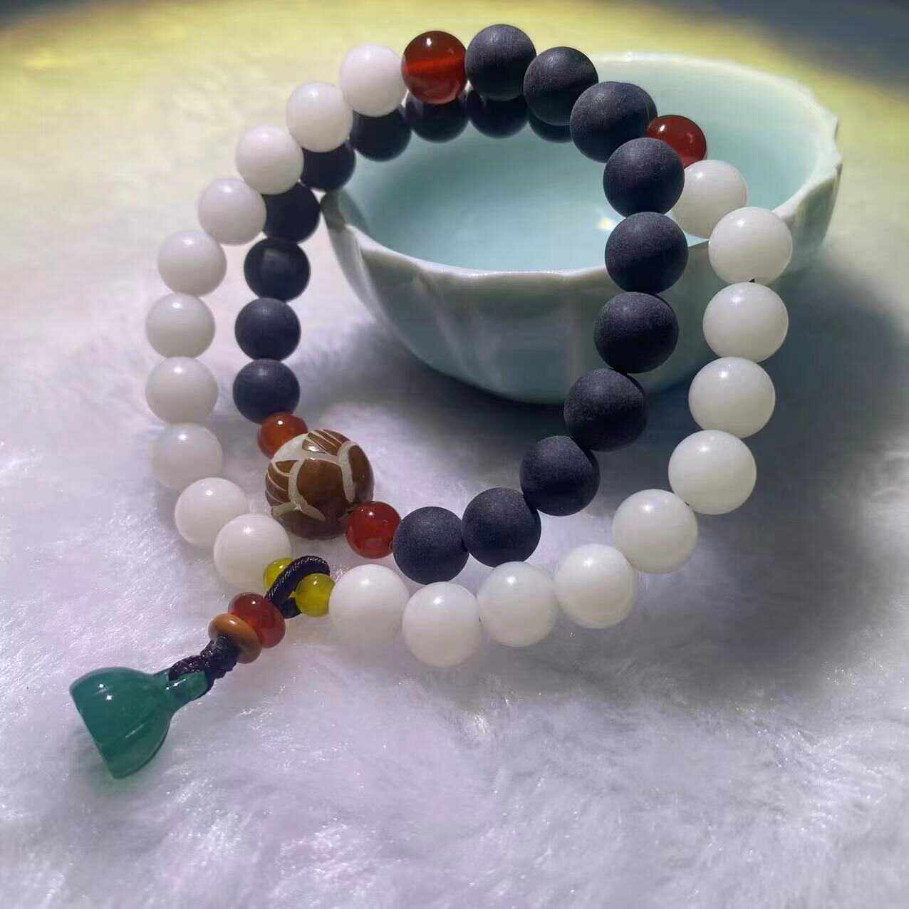 花道语阁原创天然白玉菩提根搭配药珀双圈手串安神手链绿玛瑙莲蓬