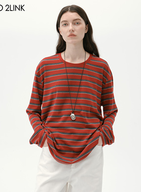 2LINKS｜松弛慵懒氛围  红灰条纹撞色 秋冬长袖百搭上衣T恤
