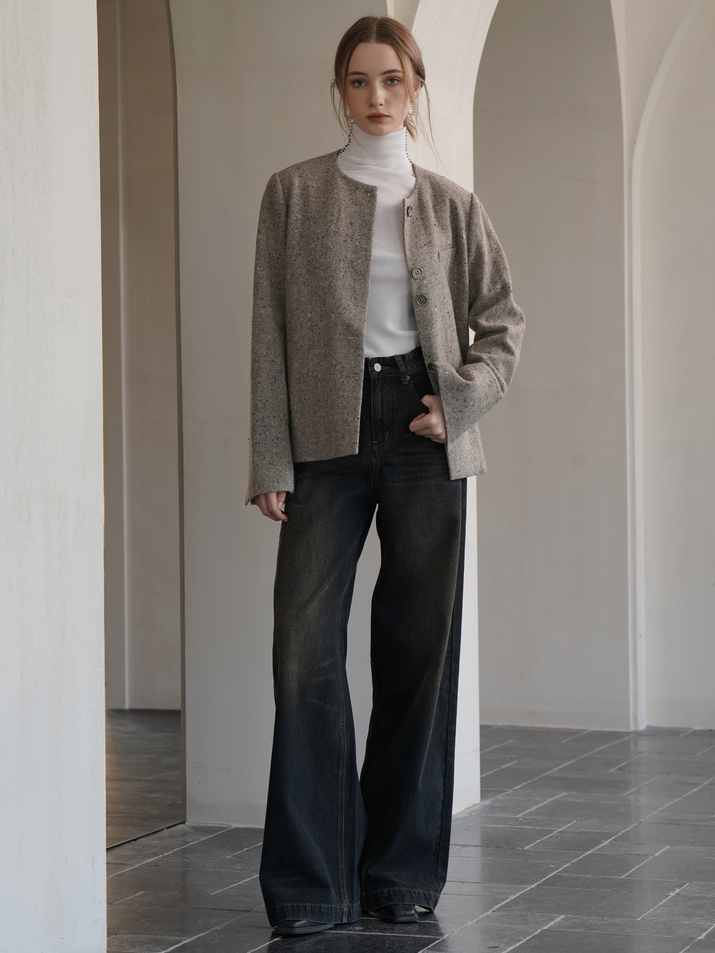 2LINKS 复古水洗黑色做旧感 拖地阔腿宽松垂感百搭显瘦阔腿牛仔裤