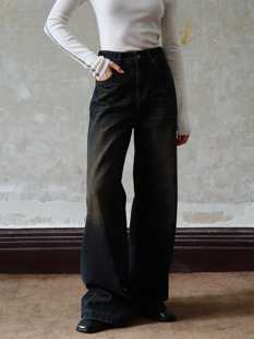 垂感感 2LINKS 复古水洗黑色做旧感 阔腿宽松 百搭显瘦阔腿牛仔裤