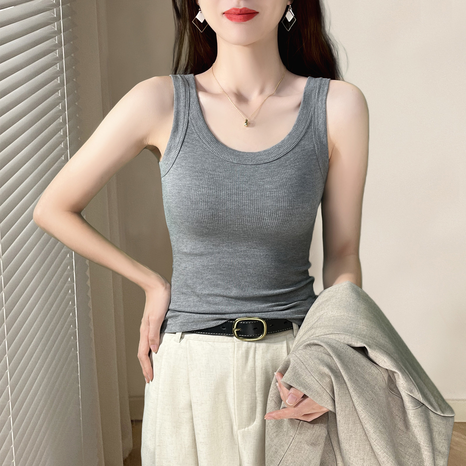 灰色小吊带背心女内搭加绒2025新款外穿修身遮副乳无袖锁骨上衣女,女装/女士精品,背心吊带,淘宝优惠券,粉丝福利购,淘宝优惠卷