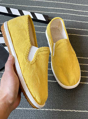 老北京布鞋男西山牛筋底黄色灯芯绒透气鞋青少年懒人一脚蹬休闲鞋