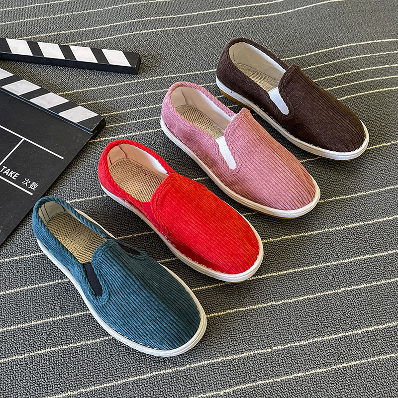 布鞋男女款灯芯绒老北京透气一脚蹬男耐磨牛筋底西山潮流条绒布鞋