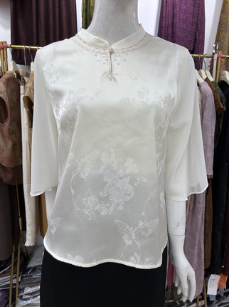 高端轻奢仿香云纱真丝短袖衬衫女夏季提花刺绣高级感仿桑蚕丝上衣