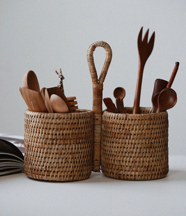 久伴中古筷子筒壁挂式上墙植物藤编餐具刀叉勺收纳筒厨房餐厅复古