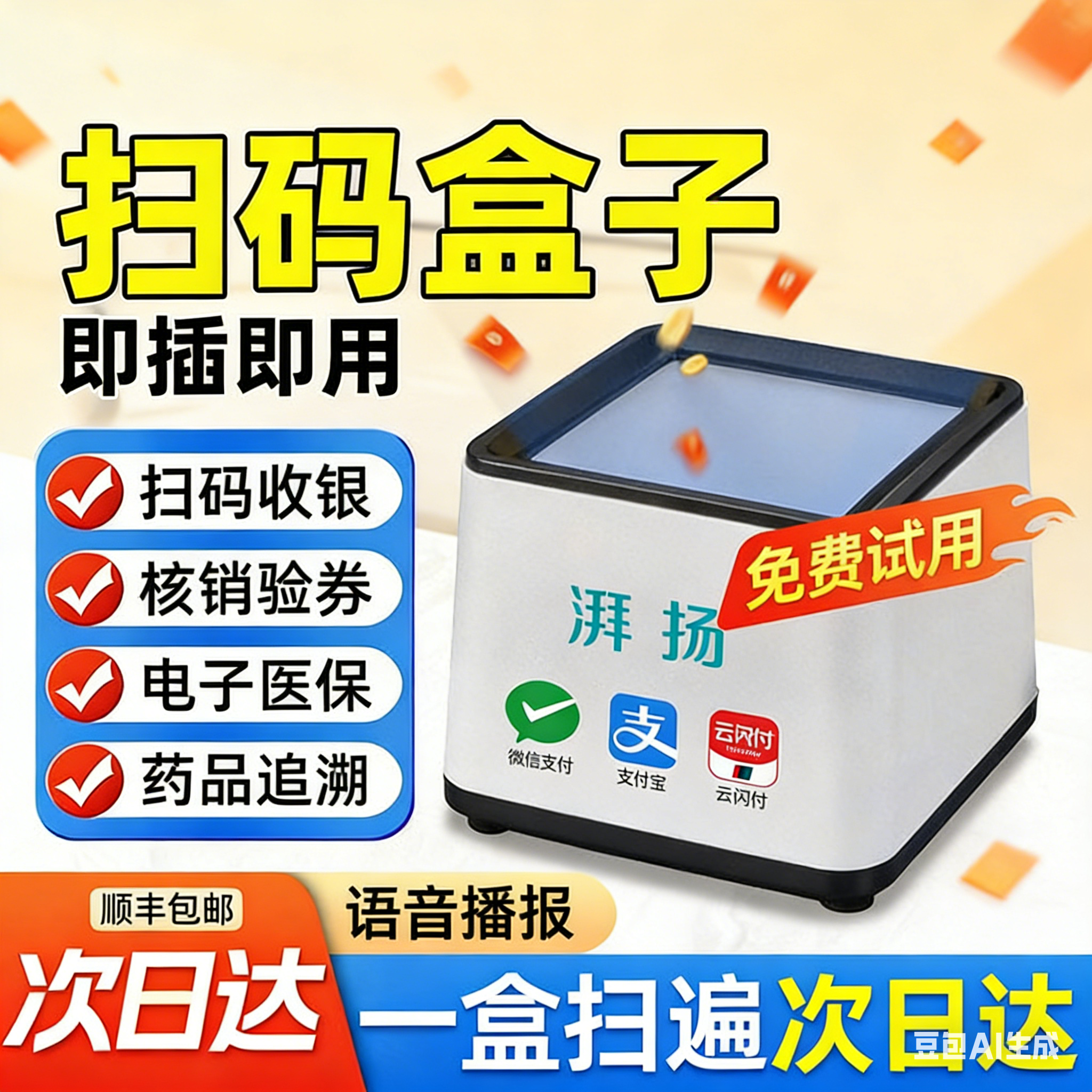 湃扬扫码盒子支付手机收银收款美团客如云抖音核销验券小白盒