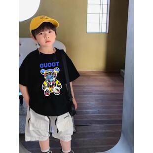 男女童儿童短袖t恤男童半袖上衣小熊暴力熊黑色白色潮牌童装