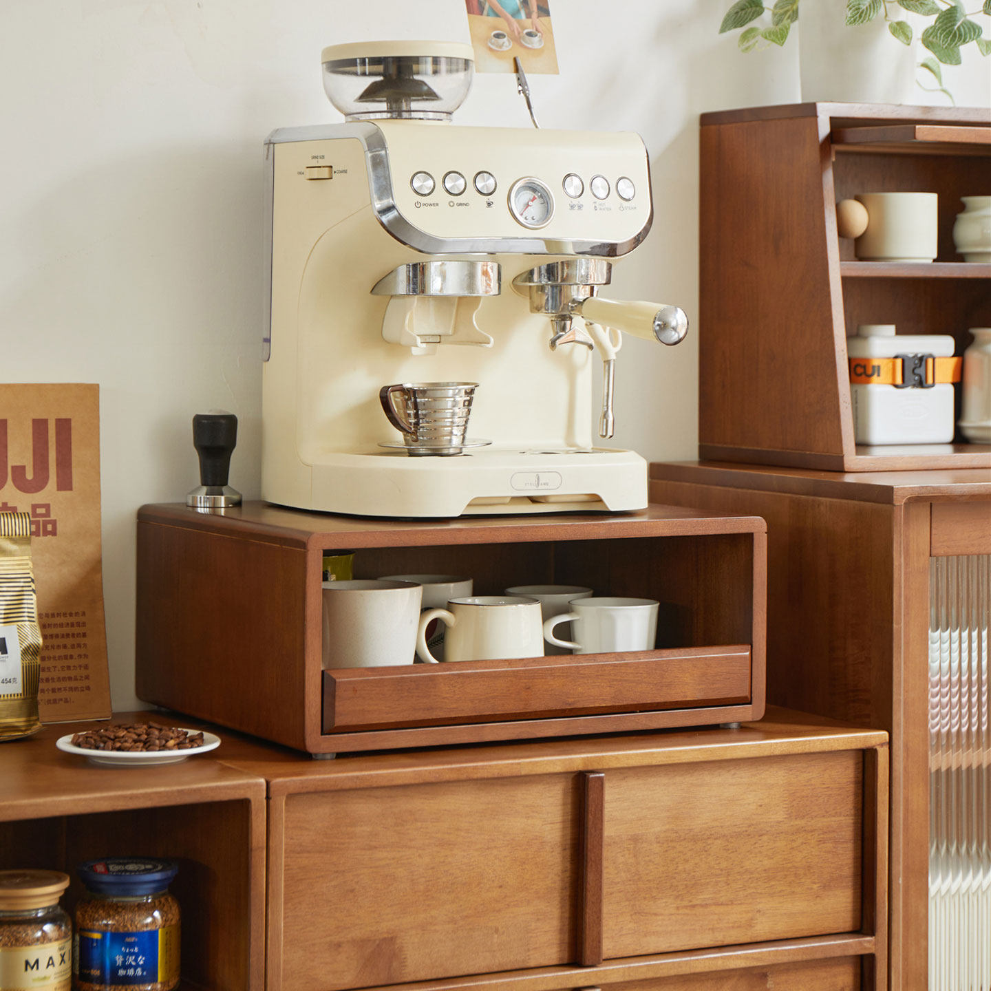 咖啡机置物架摆放台实木桌面抽屉收纳盒咖啡角杯子茶具置物收纳层