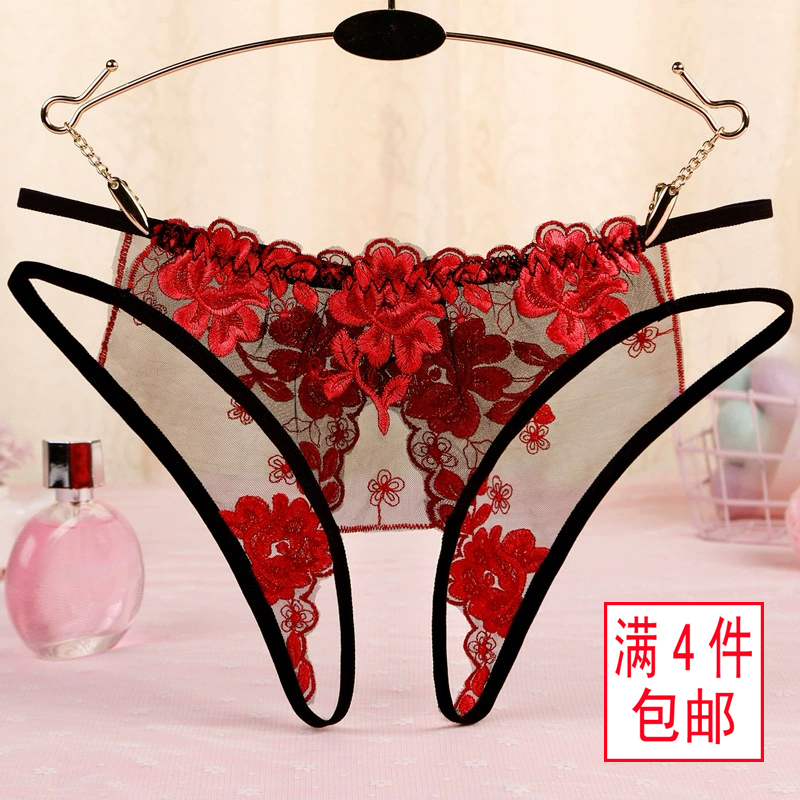 刺绣蕾丝开裆内裤女士透明三角裤