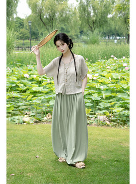 夏季仙气阔腿棉麻灯笼裤汉服套装