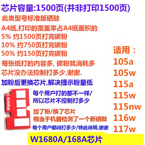 168A W1680A硒鼓芯片适用HP 105a 105w 115a 115w 116w 117w