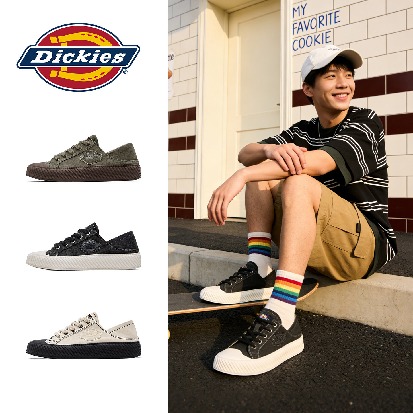 Dickies两穿帆布鞋男女同款防滑耐磨透气厚底饼干鞋增高休闲板鞋